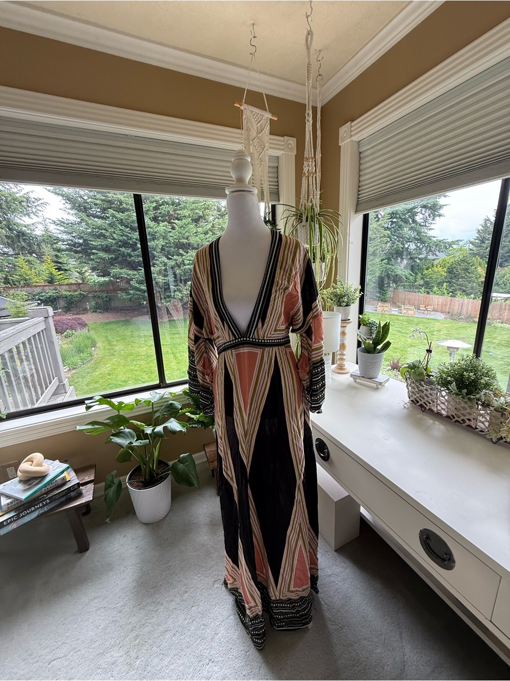 Lulu's Black Maxi Dress with Coral and Cream Geometric Panels